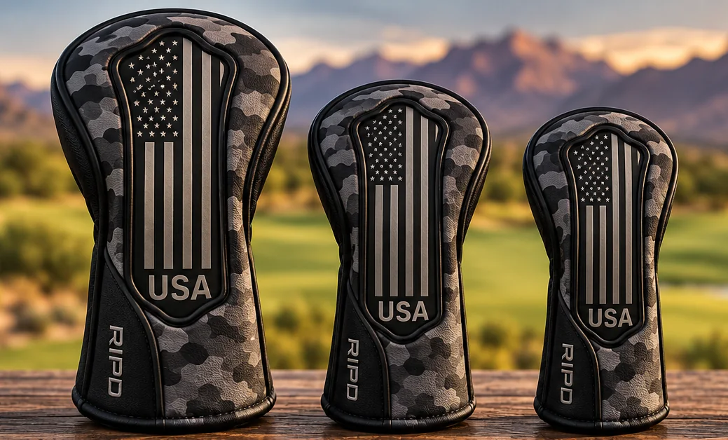 Three RIP’D camo headcovers with USA patches: driver, fairway and hybrid