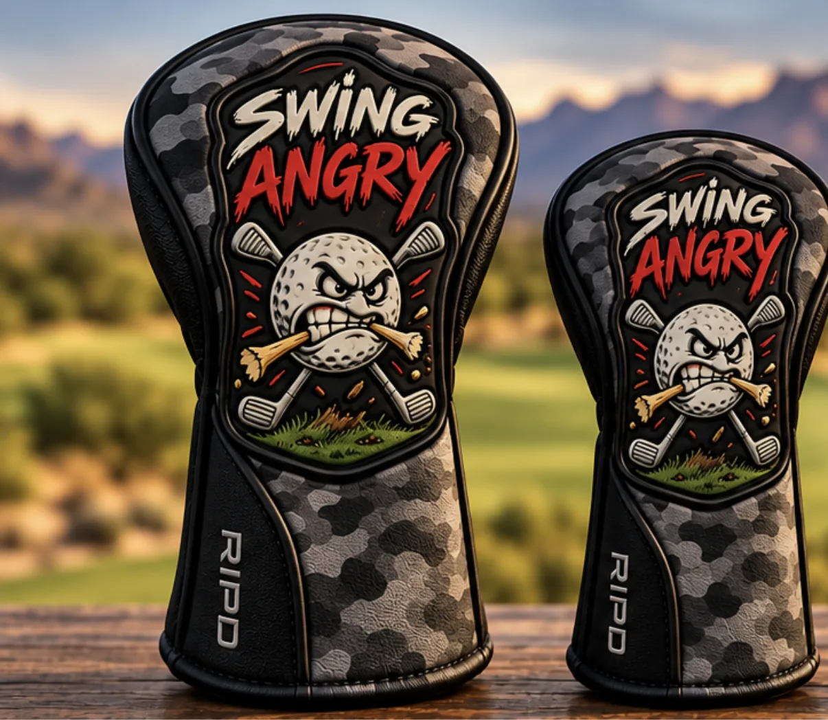 SWING ANGRY patch on camo headcovers